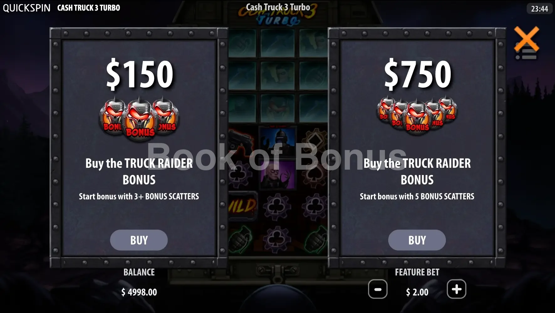 Cash Truck 3 Turbo par Quickspin - menu d'achat de bonus et options