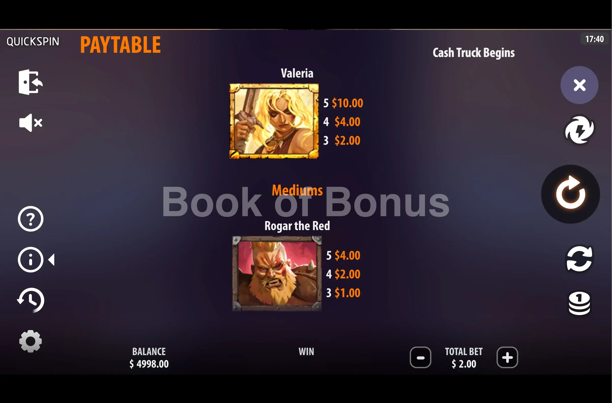 Cash Truck Begins par Quickspin - table des gains et valeurs des symboles