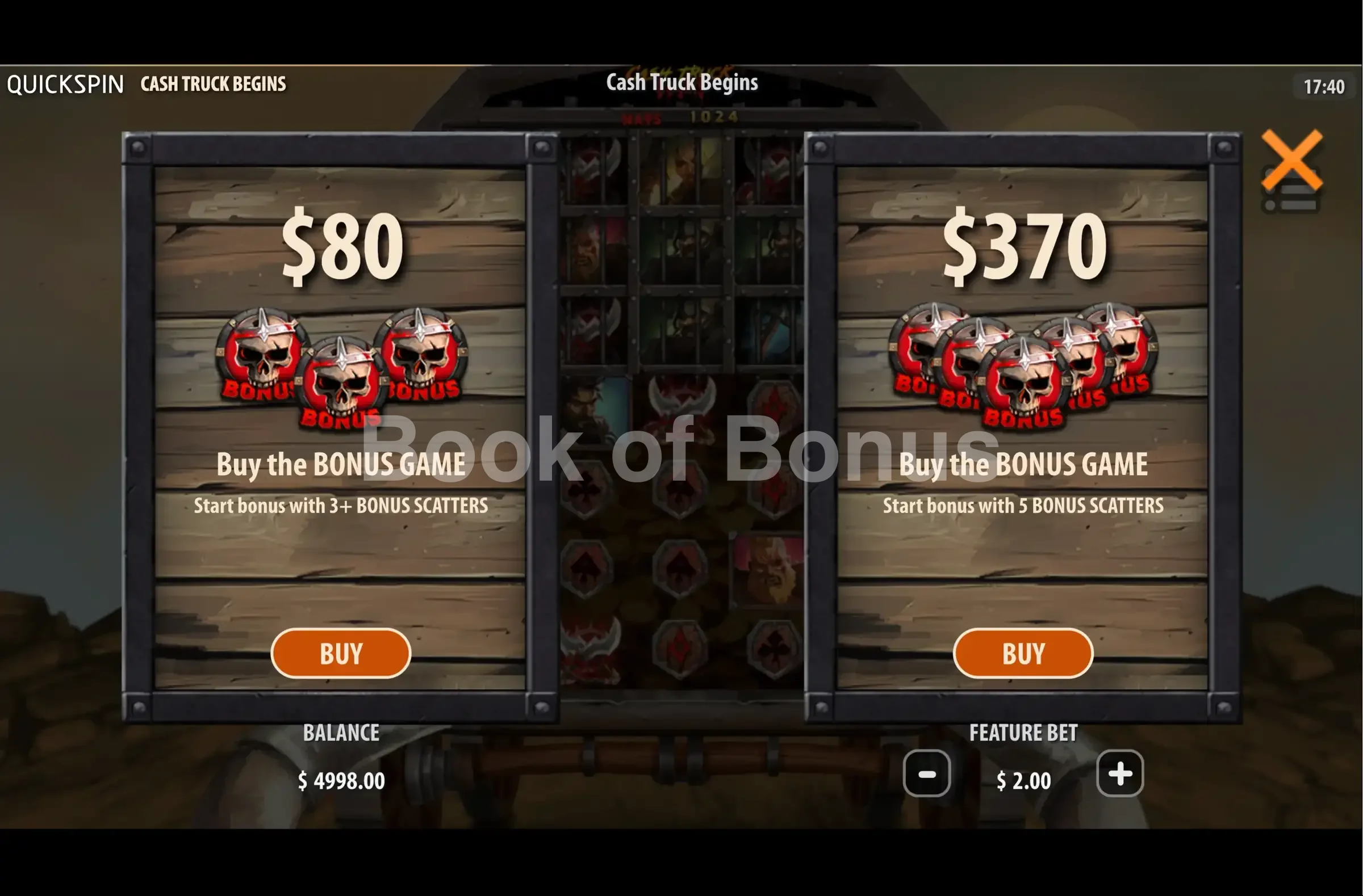 Cash Truck Begins par Quickspin - menu d'achat de bonus et options
