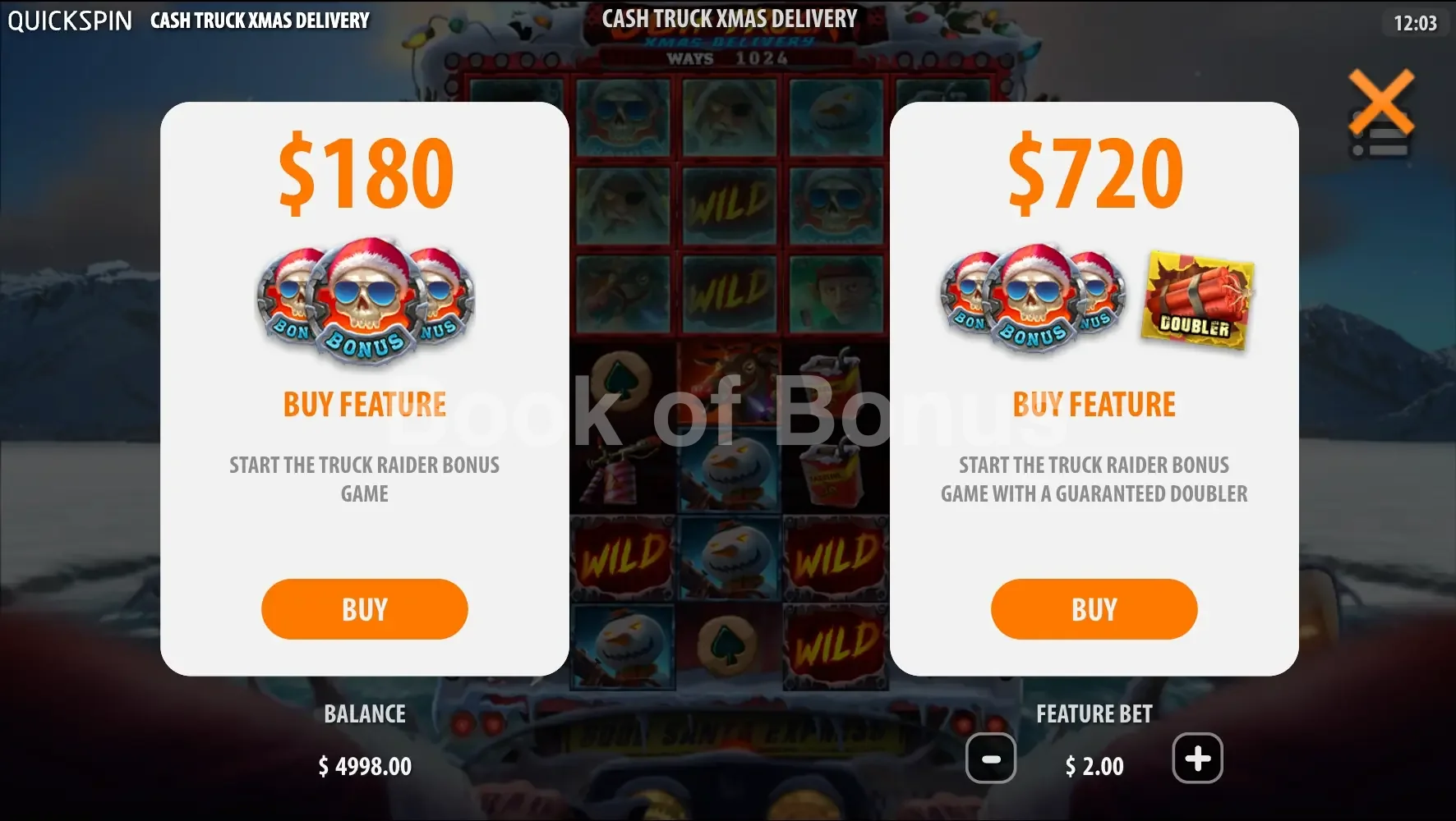 Cash Truck Xmas Delivery par Quickspin - menu d'achat de bonus et options