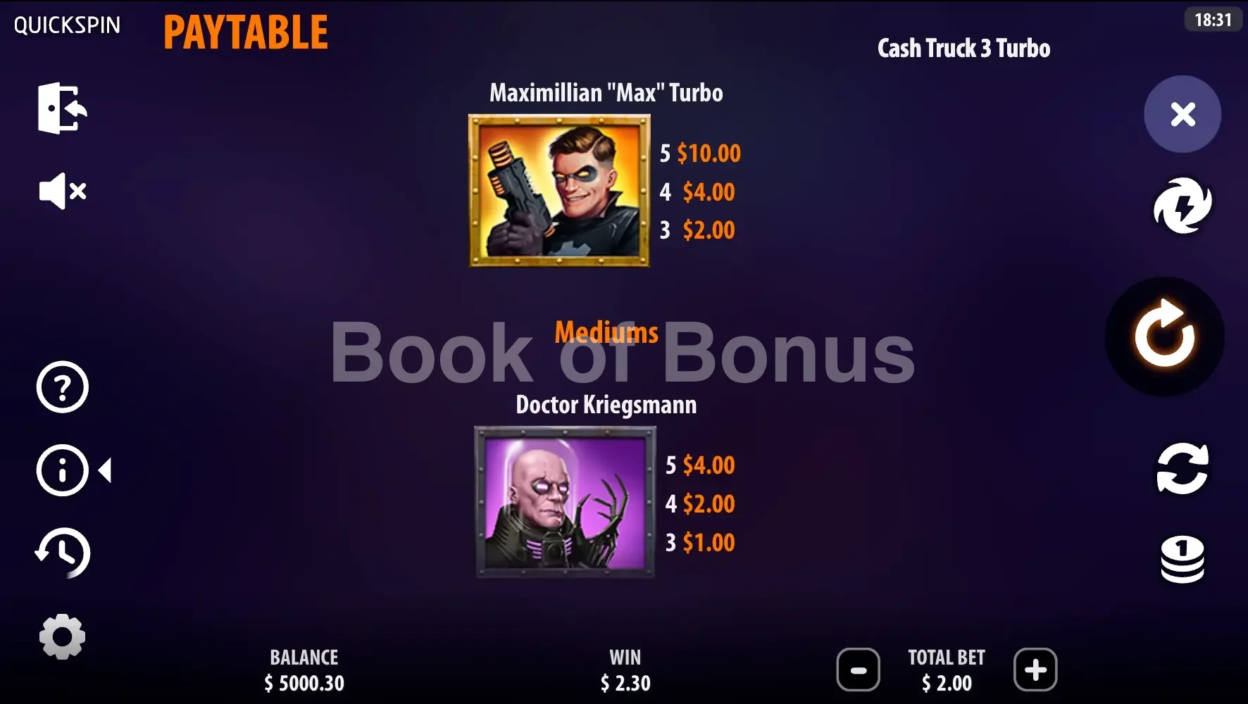 Cash Truck par Quickspin - table des gains et valeurs des symboles