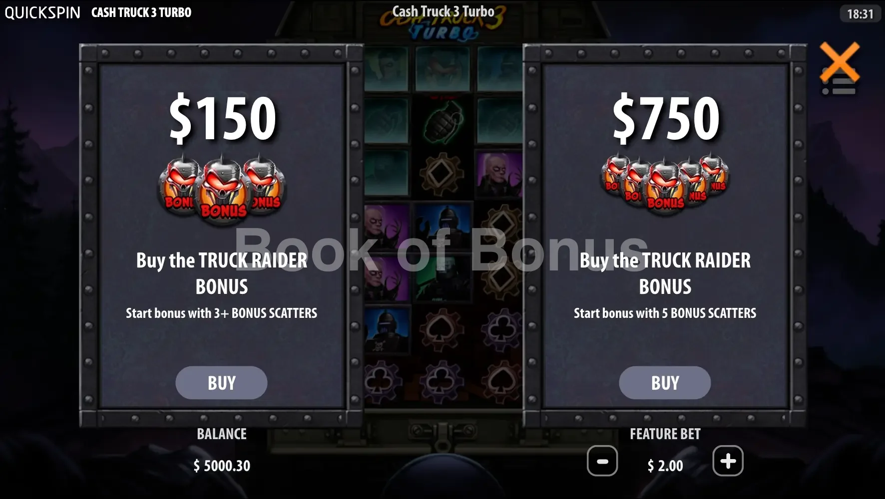 Cash Truck par Quickspin - menu d'achat de bonus et options