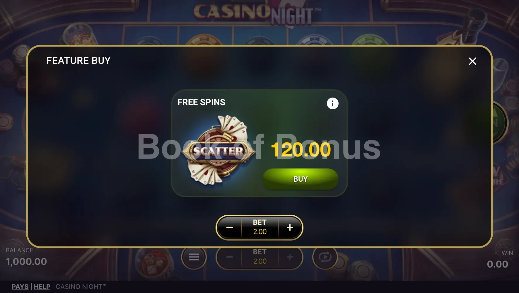 Casino Night par NetEnt - menu d'achat de bonus et options