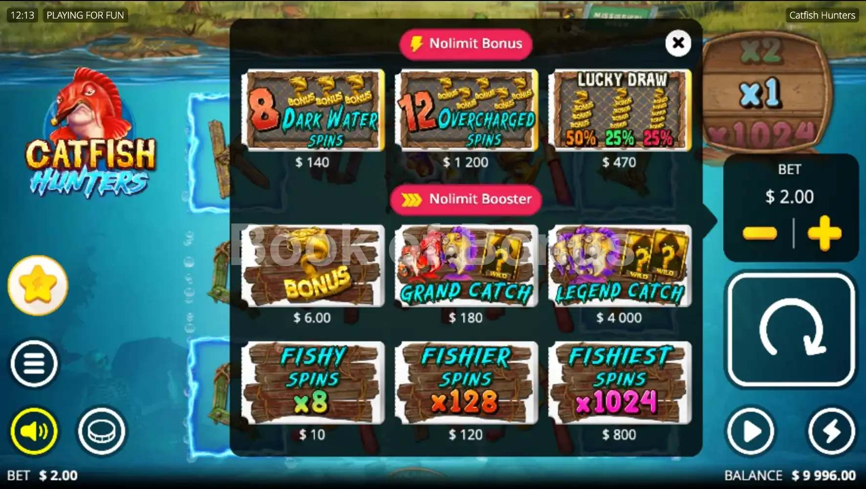 Catfish Hunters par Nolimit City - menu d'achat de bonus et options