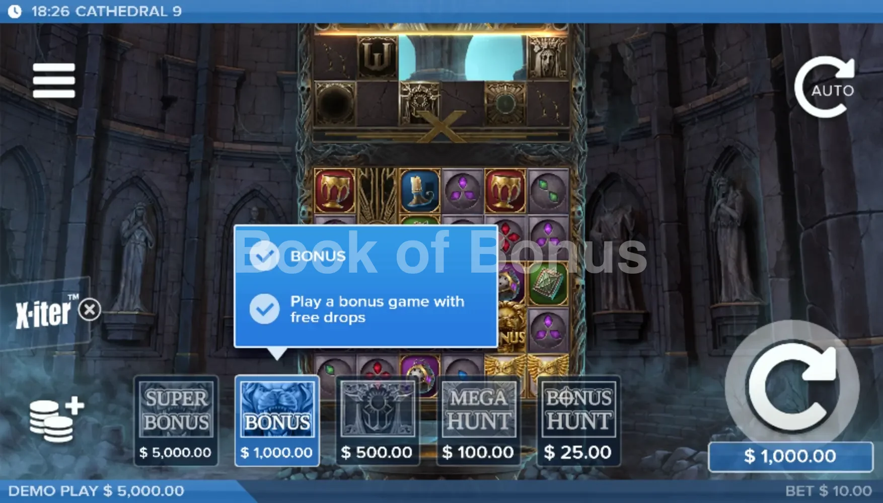 Cathedral 9 par ELK Studios - menu d'achat de bonus et options