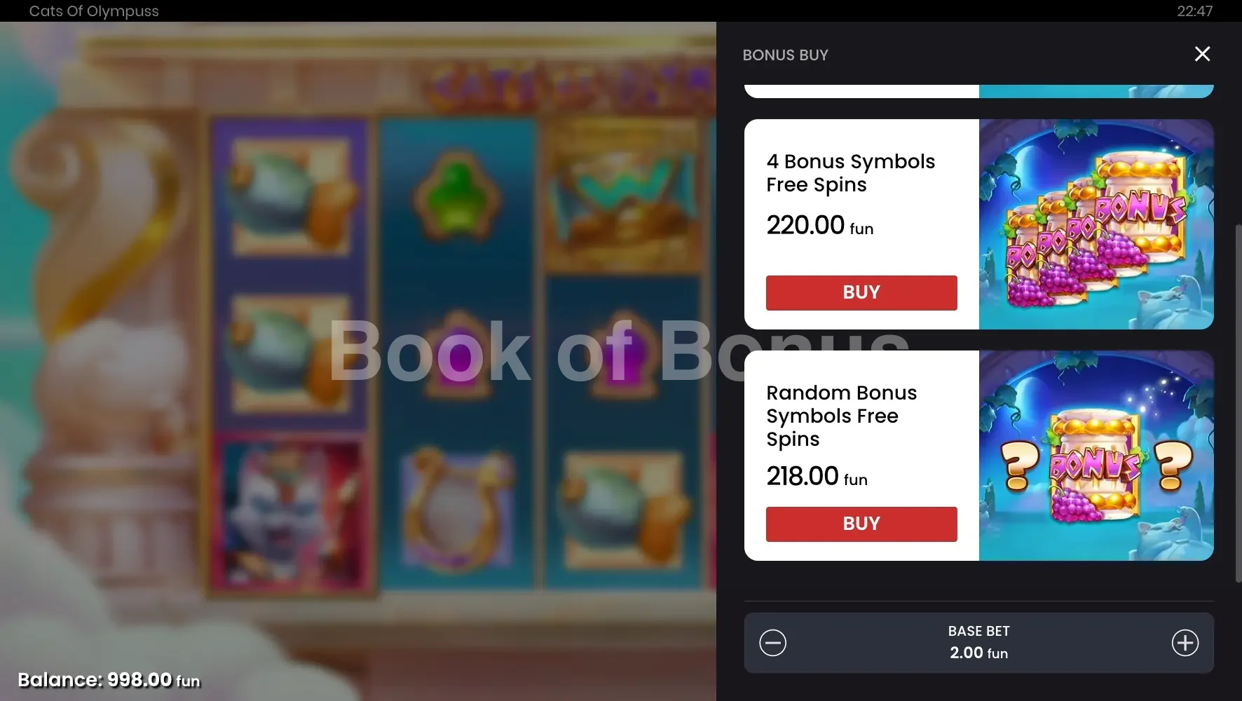Cats of Olympuss par Push Gaming - menu d'achat de bonus et options