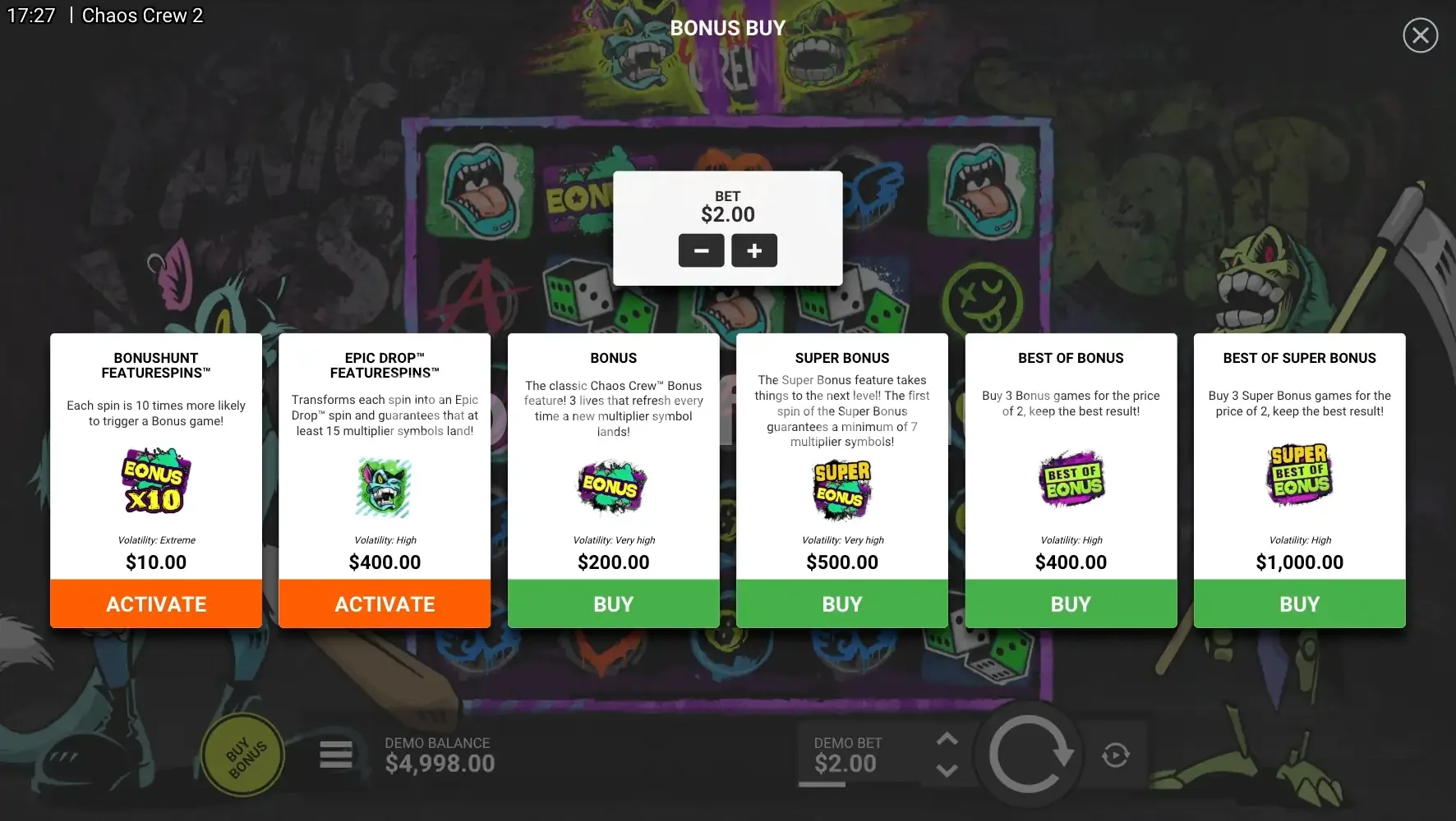 Chaos Crew 2 par Hacksaw Gaming - menu d'achat de bonus et options