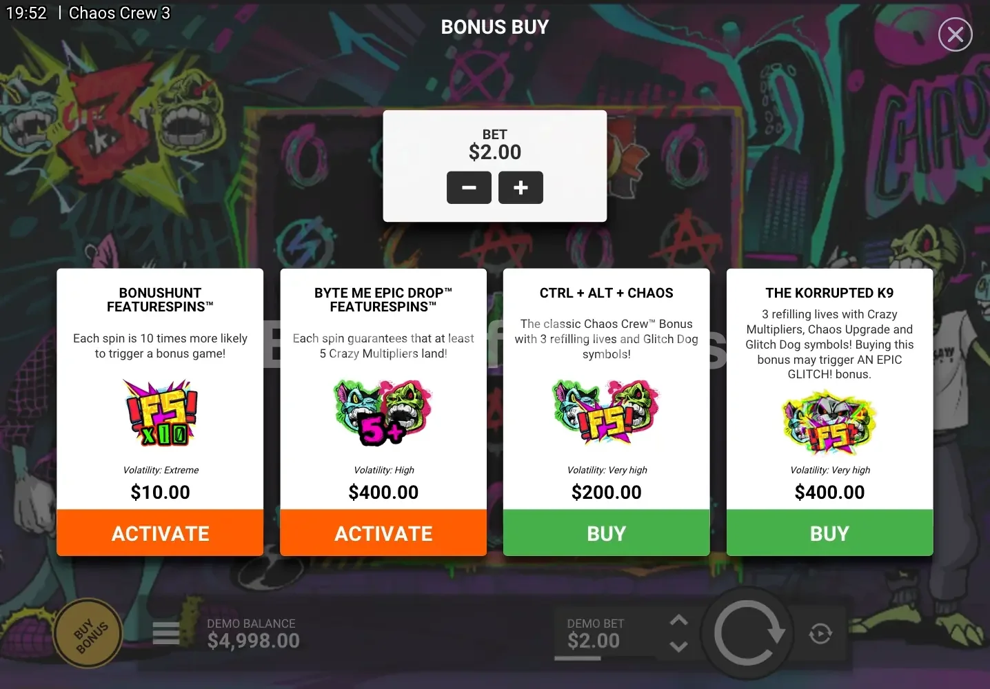 Chaos Crew 3 par Hacksaw Gaming - menu d'achat de bonus et options