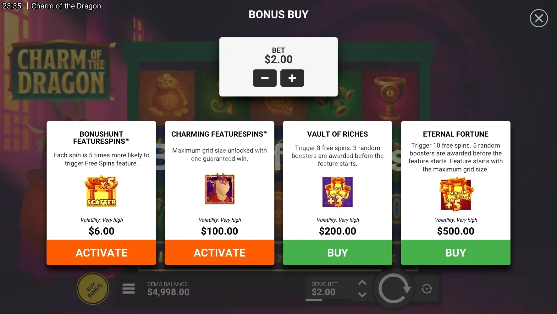 Charm of the Dragon par Hacksaw Gaming - menu d'achat de bonus et options