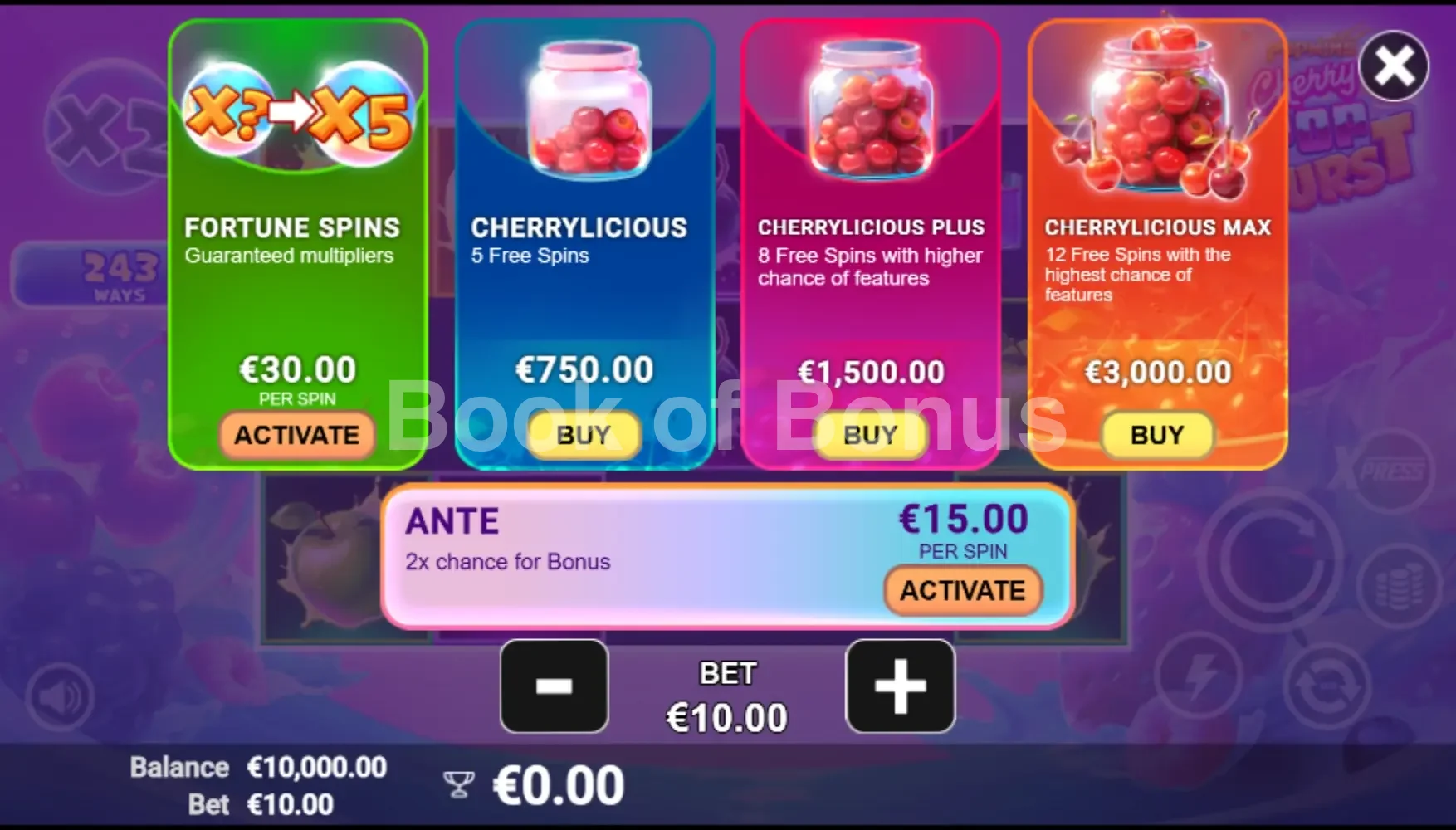 CherryPop Burst par Avatar UX - menu d'achat de bonus et options