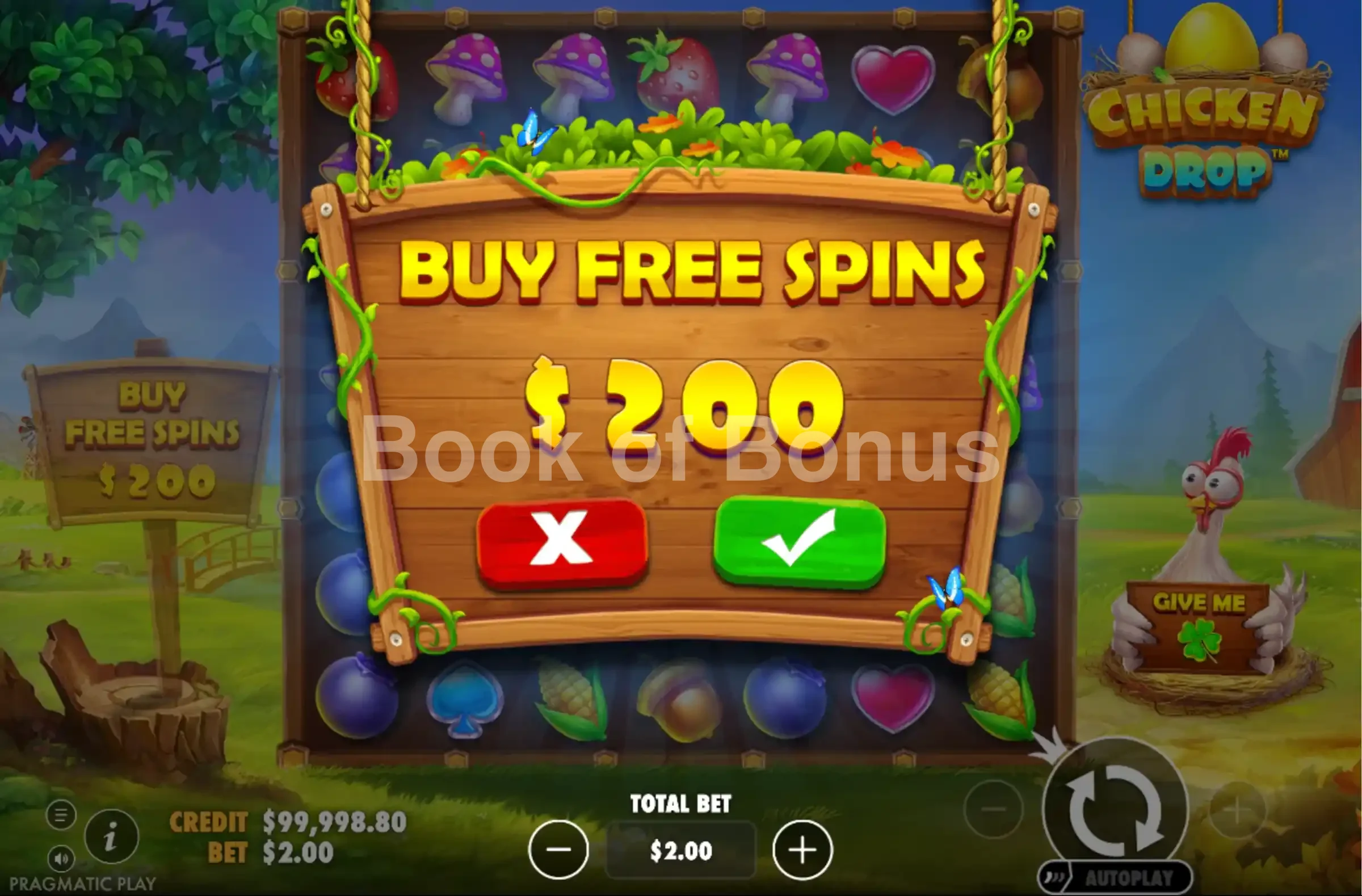 Chicken Drop par Pragmatic Play - menu d'achat de bonus et options