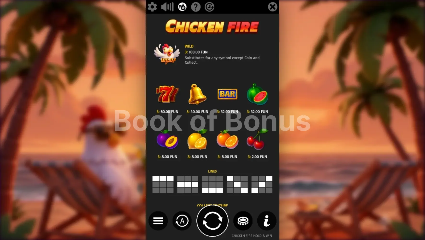 Chicken Fire par BGaming - table des gains et valeurs des symboles