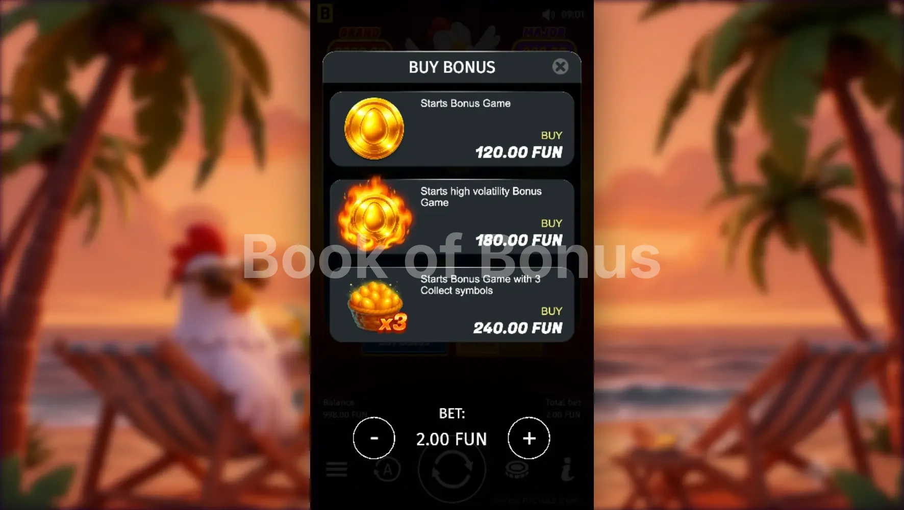 Chicken Fire par BGaming - menu d'achat de bonus et options