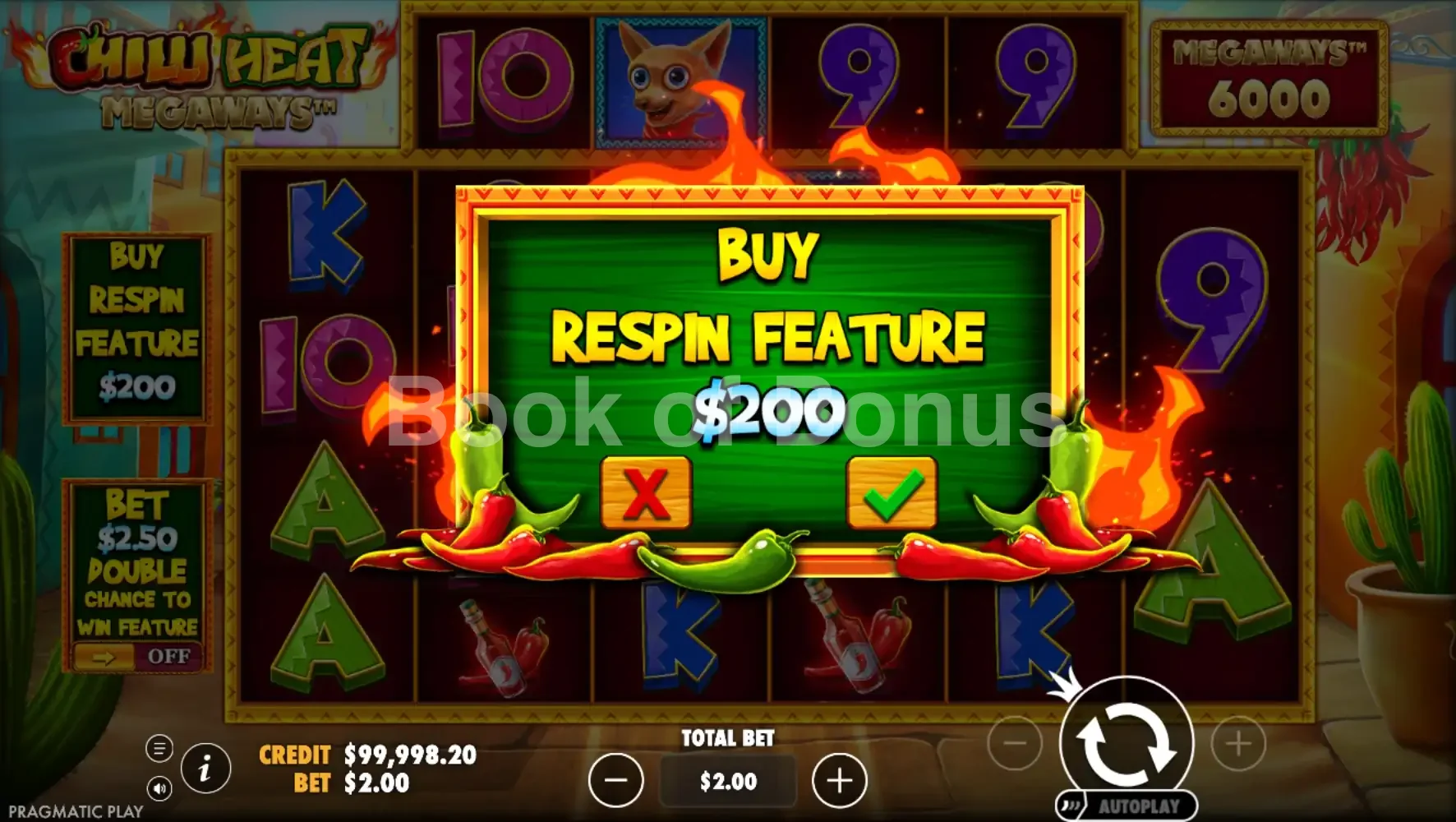 Chilli Heat Megaways par Pragmatic Play - menu d'achat de bonus et options