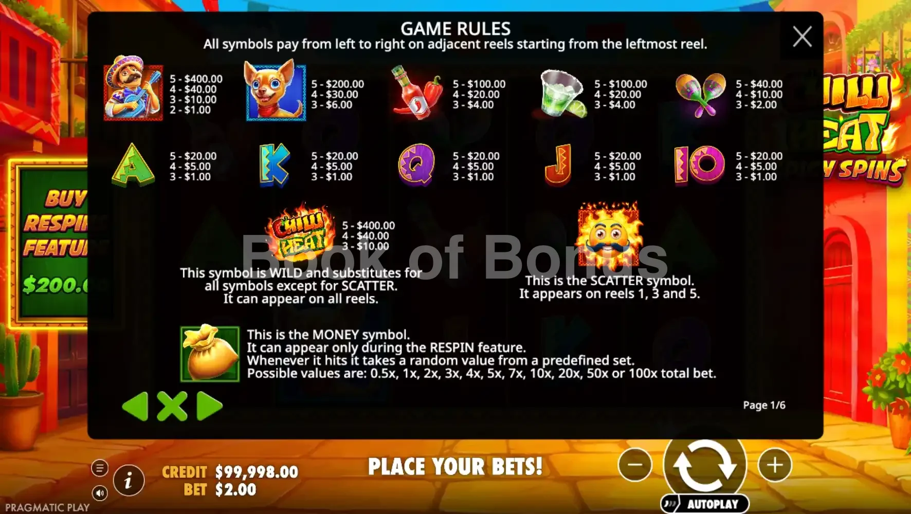 Chilli Heat Spicy Spins par Pragmatic Play - table des gains et valeurs des symboles