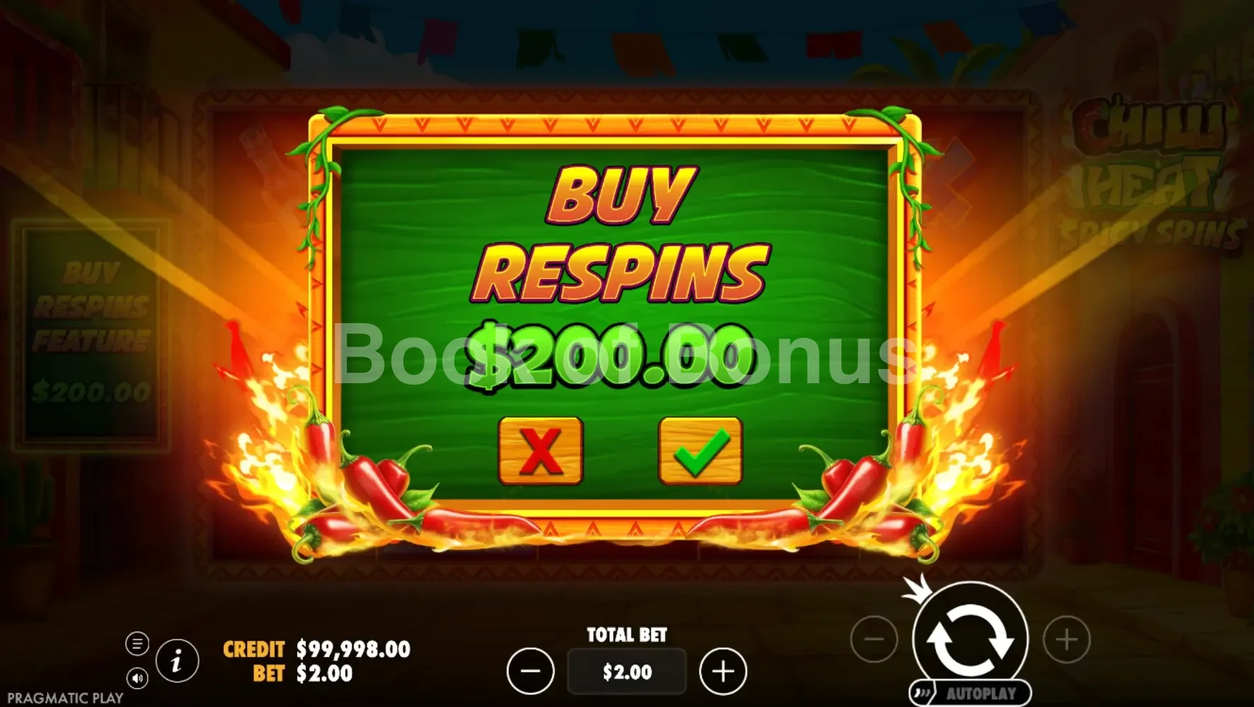 Chilli Heat Spicy Spins par Pragmatic Play - menu d'achat de bonus et options