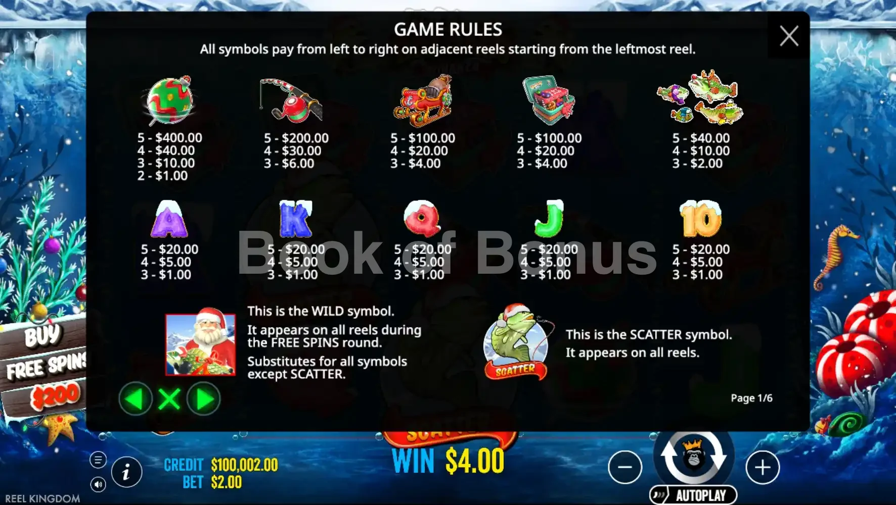 Christmas Big Bass Bonanza par Reel Kingdom - table des gains et valeurs des symboles