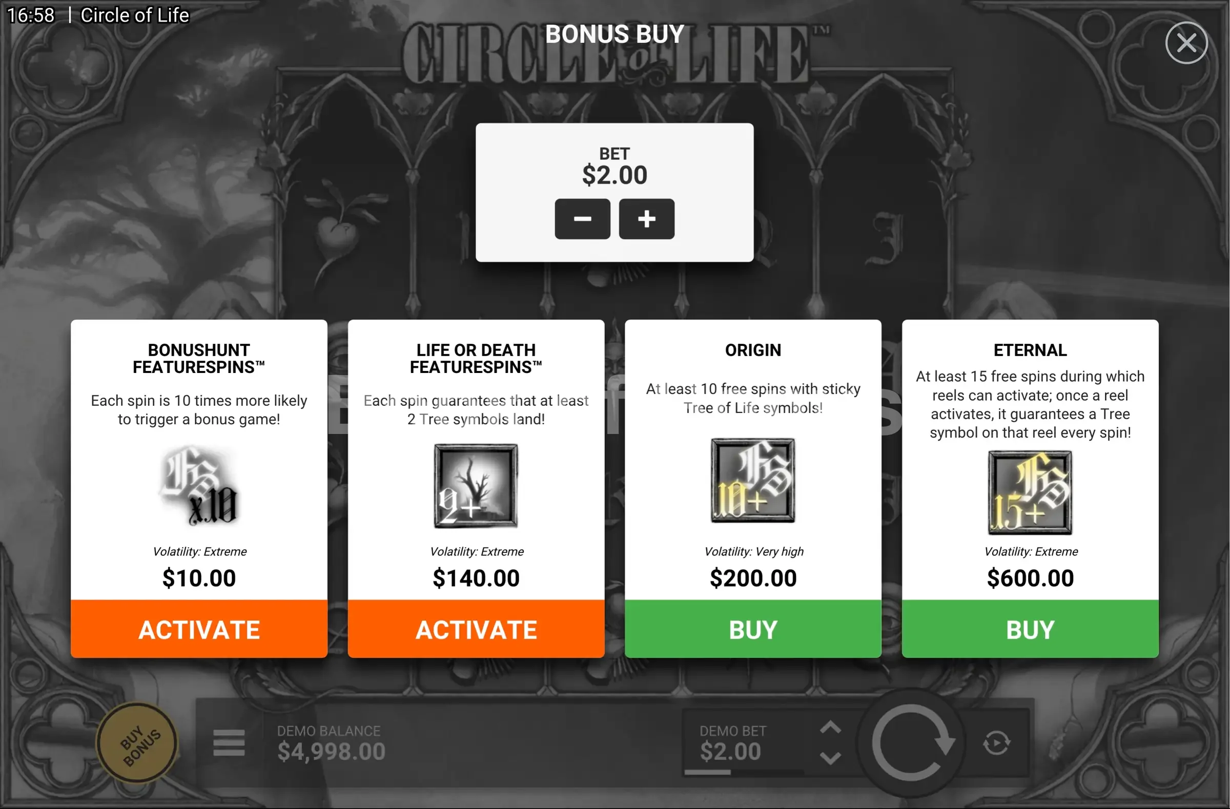 Circle of Life par Hacksaw Gaming - menu d'achat de bonus et options
