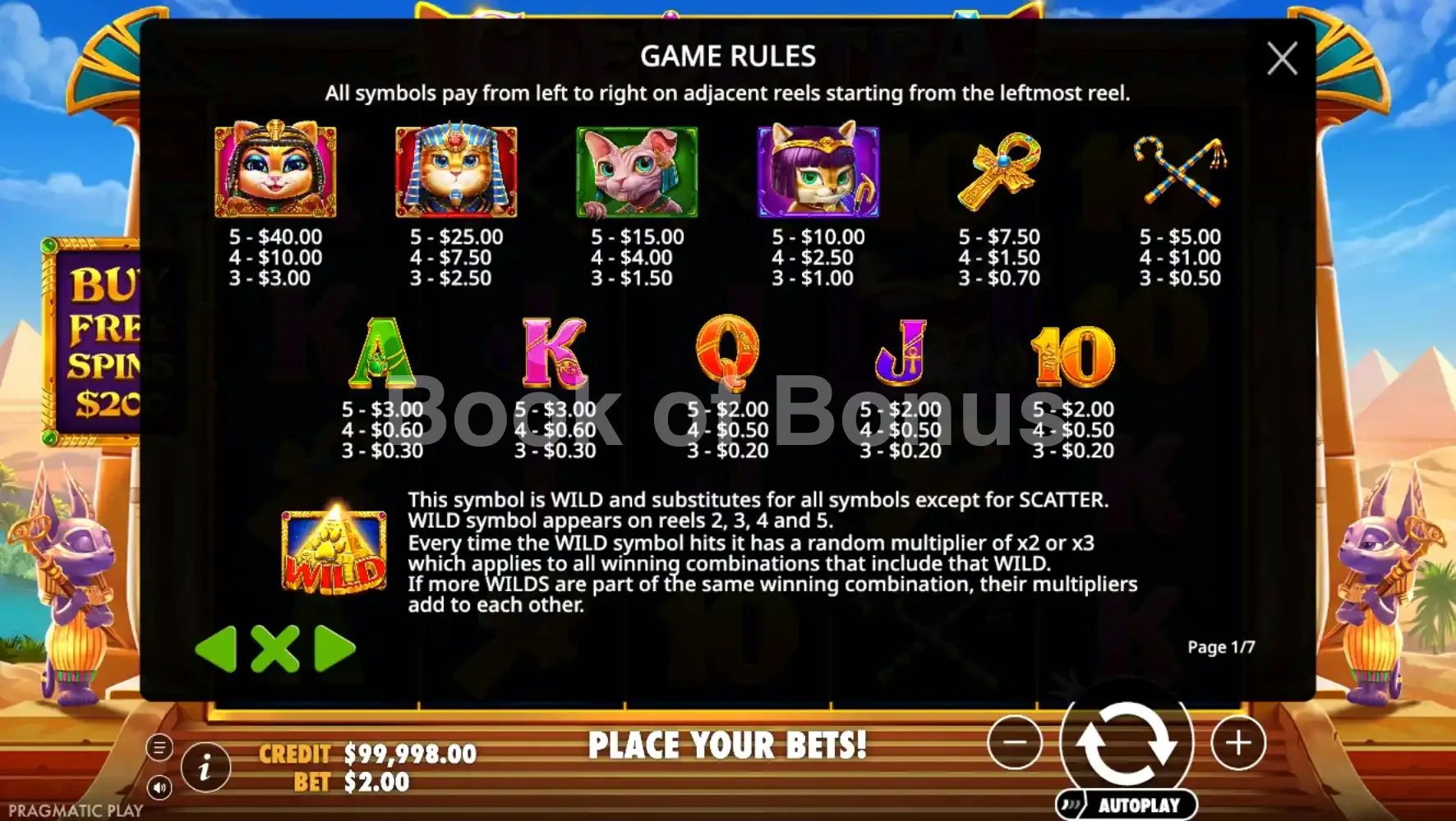 Cleocatra par Pragmatic Play - table des gains et valeurs des symboles