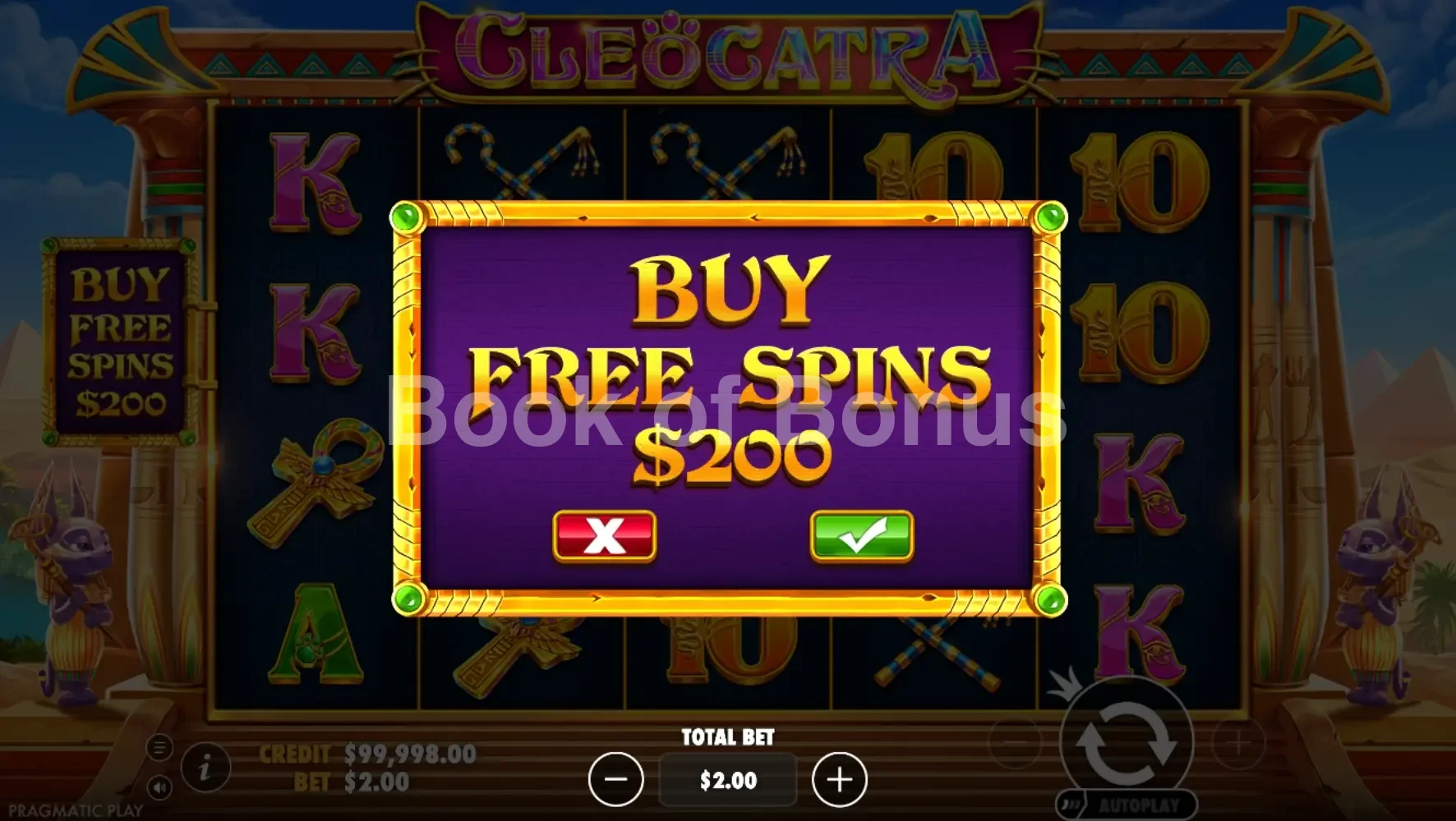 Cleocatra par Pragmatic Play - menu d'achat de bonus et options