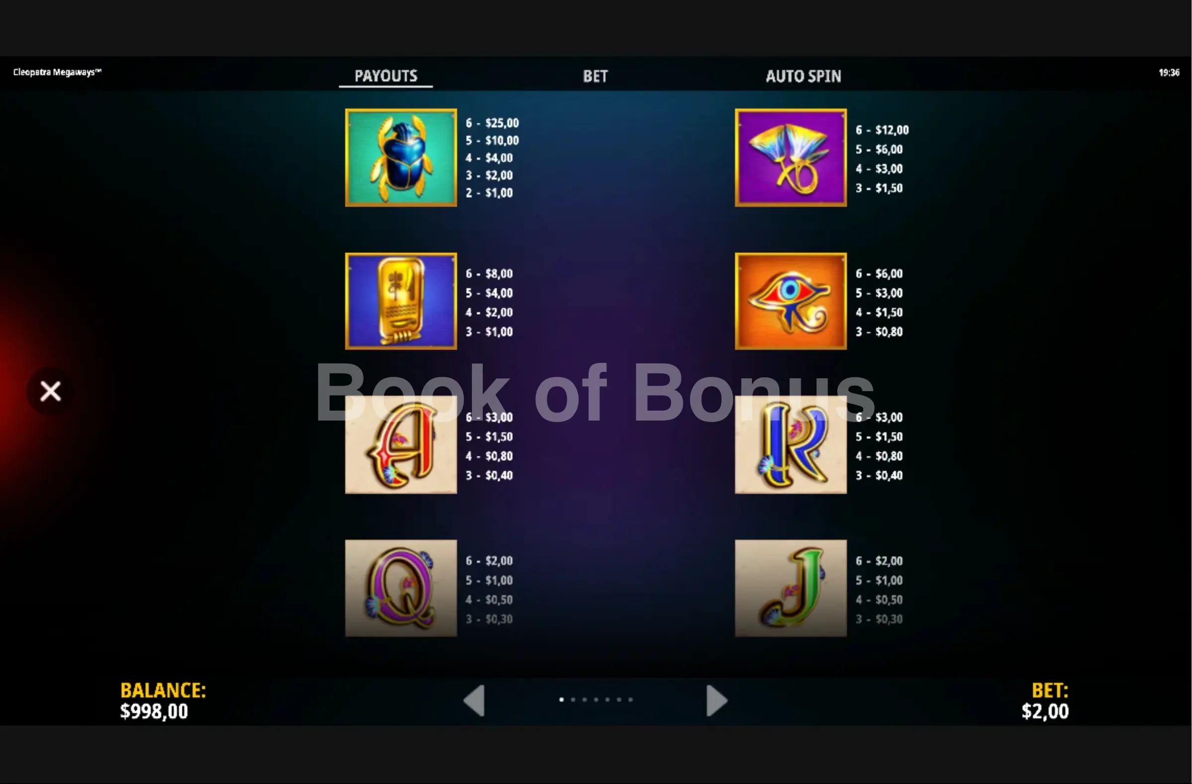 Cleopatra Megaways par iSoftBet - table des gains et valeurs des symboles