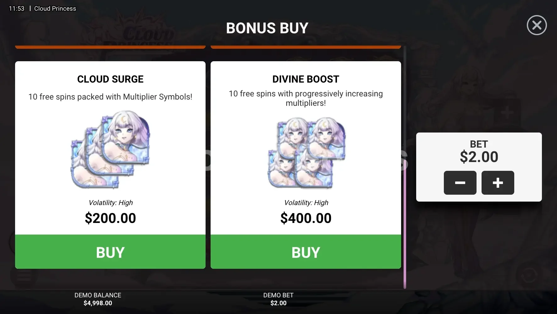 Achat de bonus Cloud Princess
