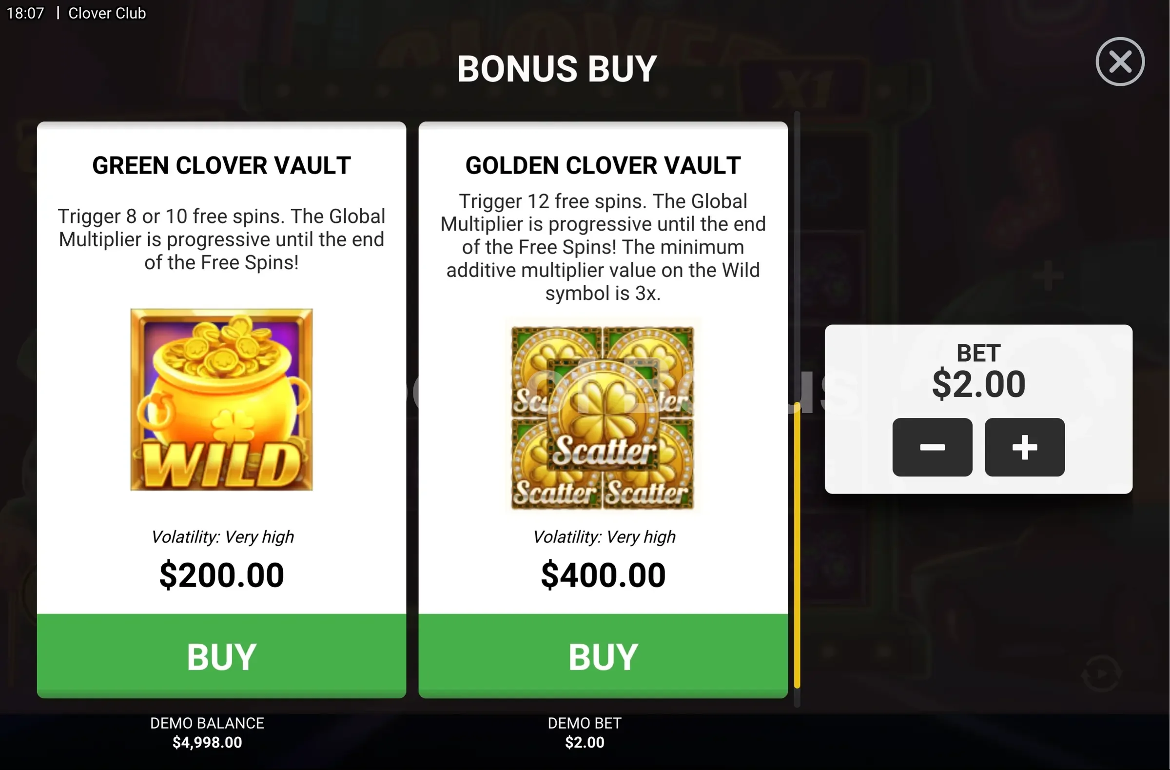 Clover Club par Hacksaw Gaming - menu d'achat de bonus et options