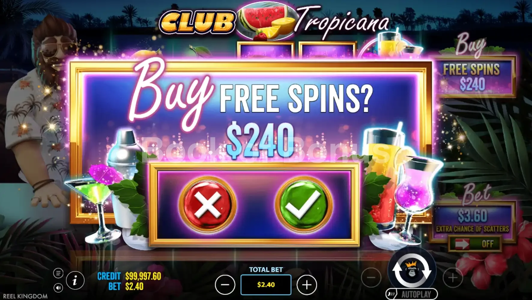 Club Tropicana par Reel Kingdom - menu d'achat de bonus et options