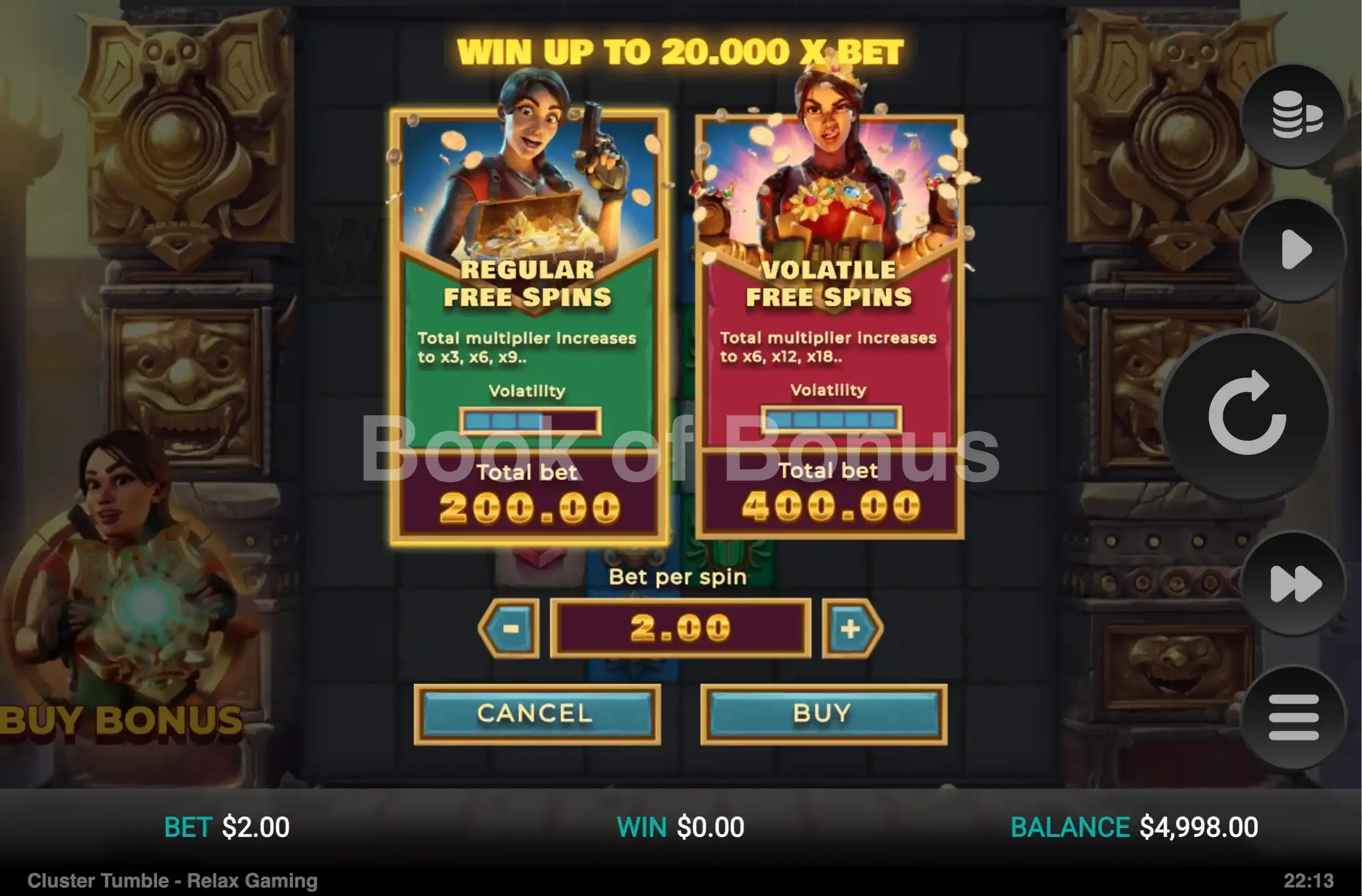 Cluster Tumble par Relax Gaming - menu d'achat de bonus et options