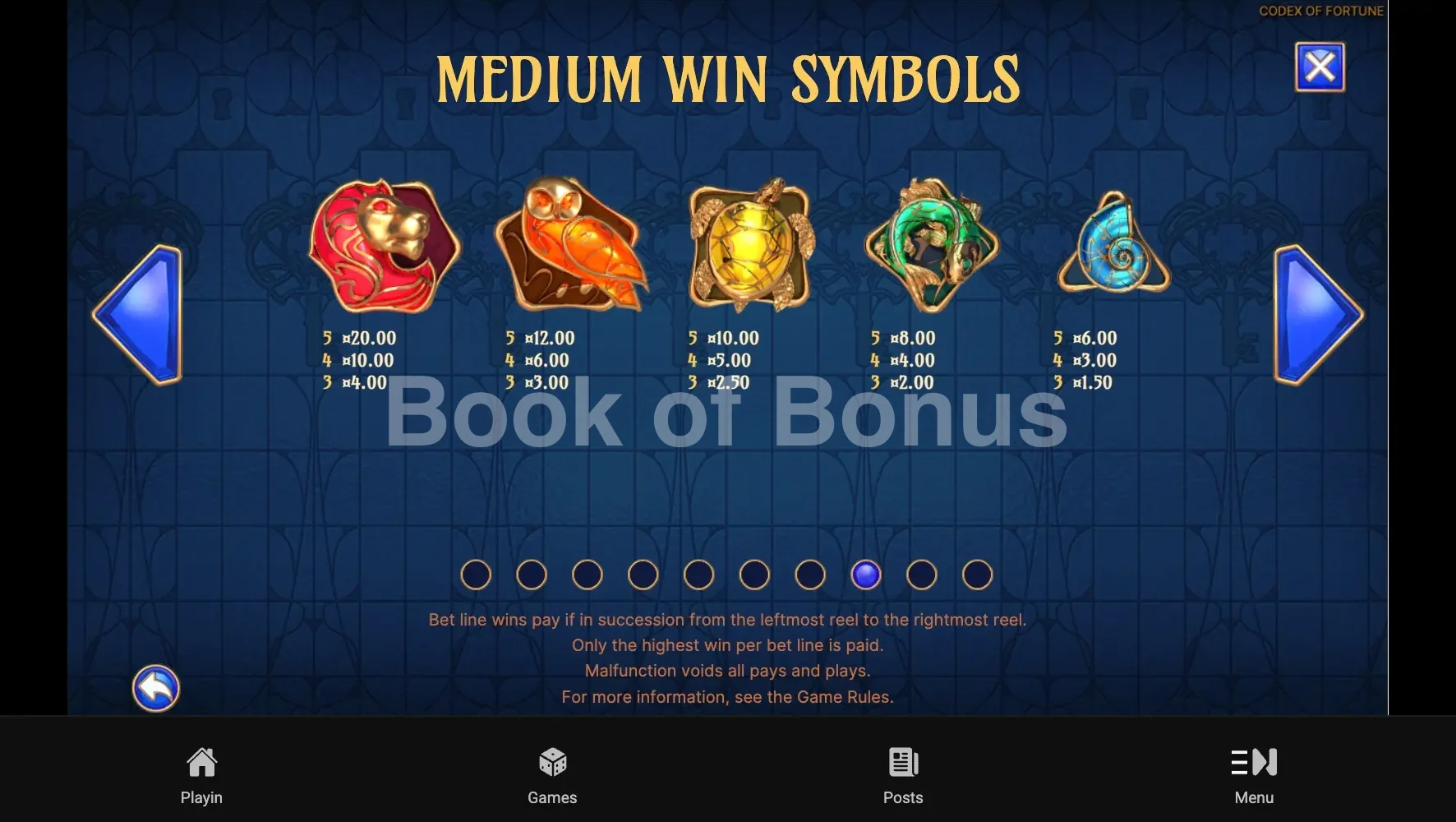 Codex of Fortune par NetEnt - table des gains et valeurs des symboles