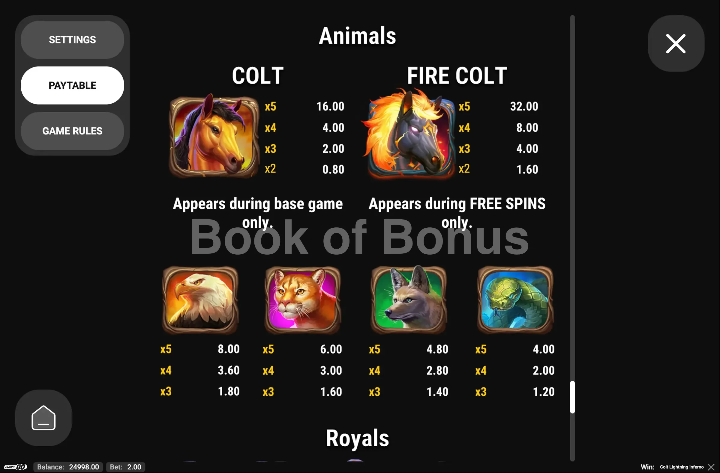 Colt Lightning Inferno par Play'n GO - table des gains et valeurs des symboles