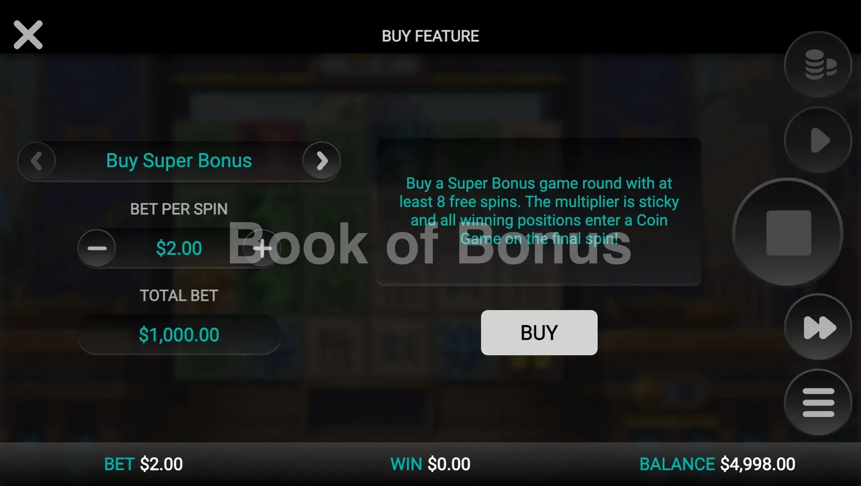 Conquer Babylon par Relax Gaming - menu d'achat de bonus et options
