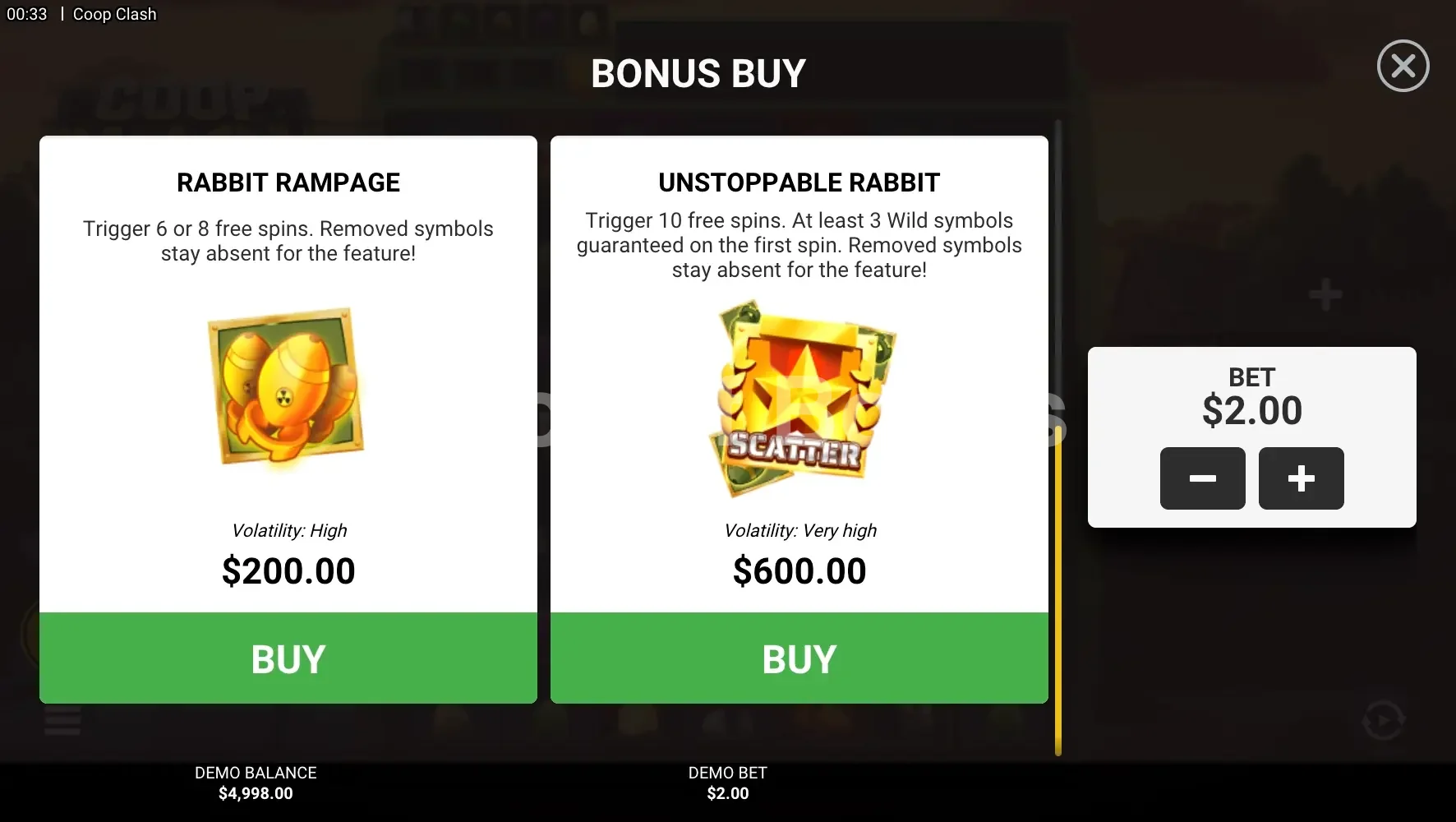 Coop Clash par Hacksaw Gaming - menu d'achat de bonus et options