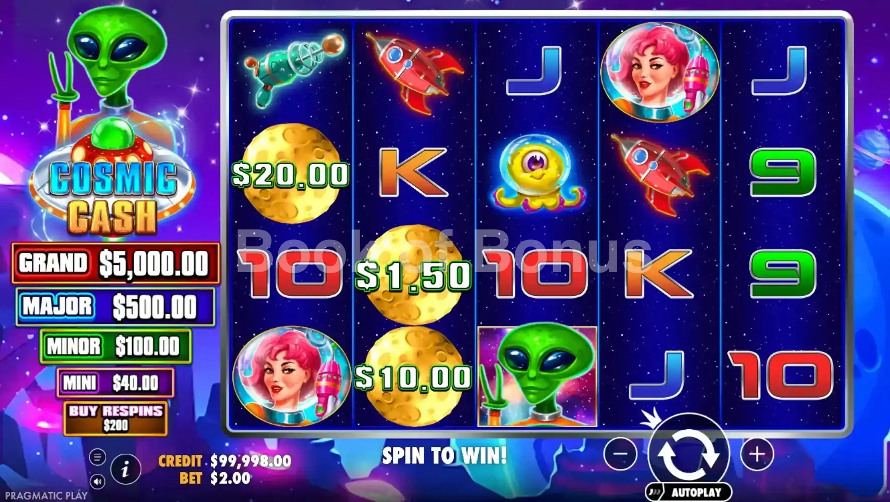 Cosmic Cash par Pragmatic Play - jeu de base et disposition des rouleaux