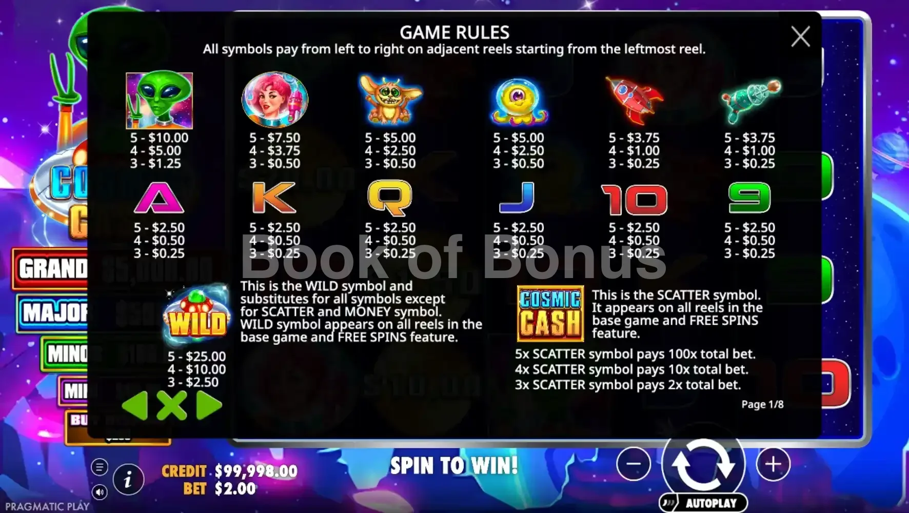Cosmic Cash par Pragmatic Play - table des gains et valeurs des symboles