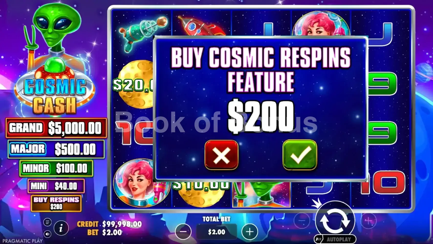 Cosmic Cash par Pragmatic Play - menu d'achat de bonus et options