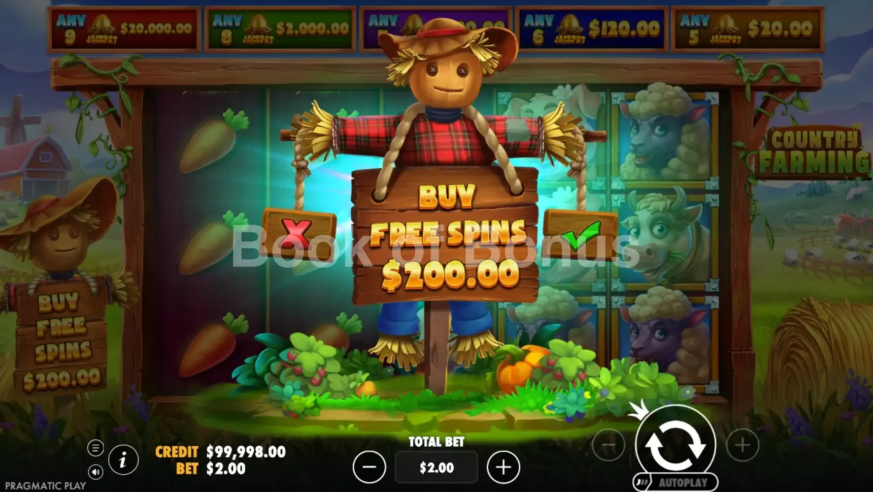 Country Farming par Pragmatic Play - menu d'achat de bonus et options