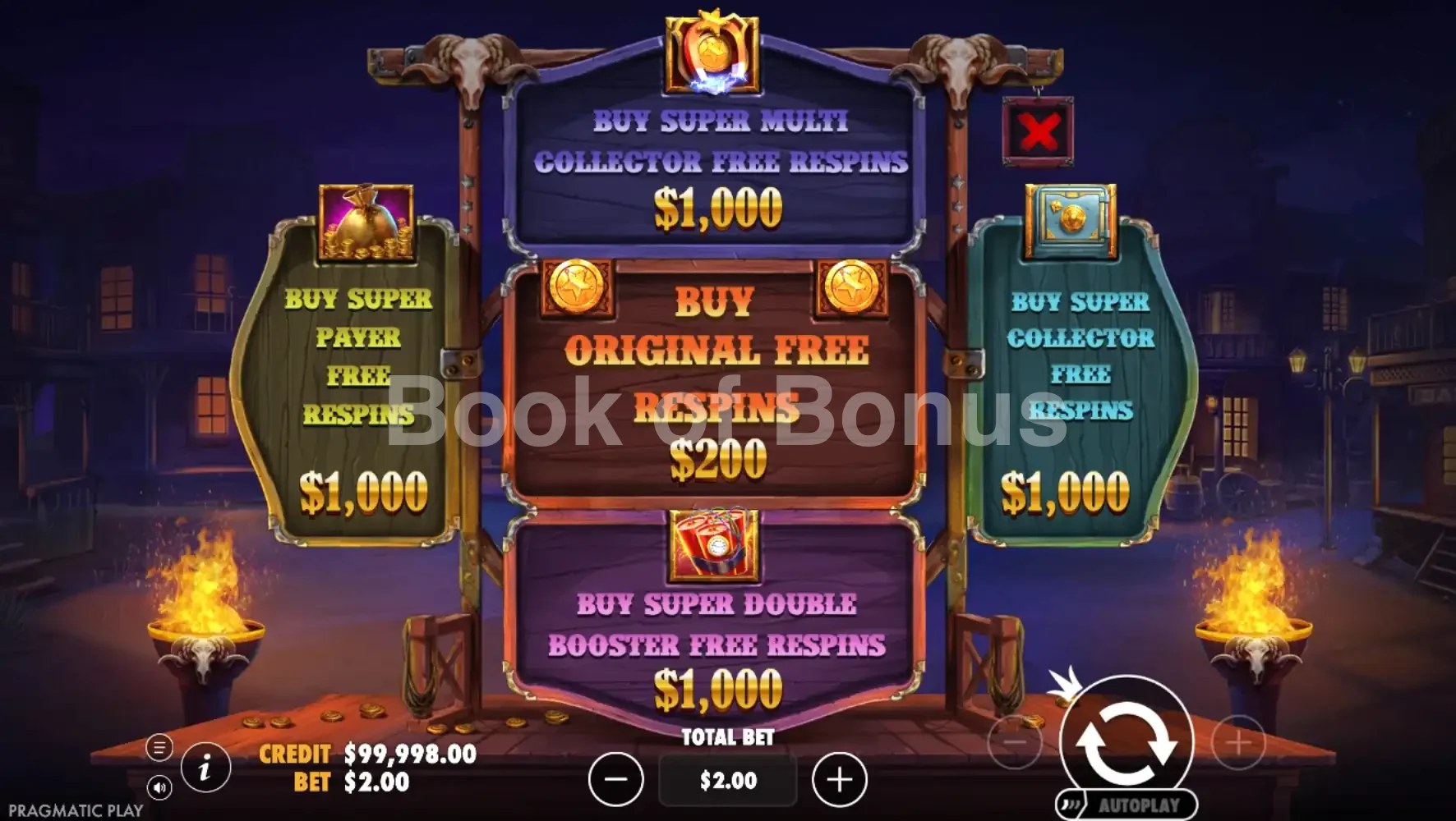 Cowboy Coins par Pragmatic Play - menu d'achat de bonus et options