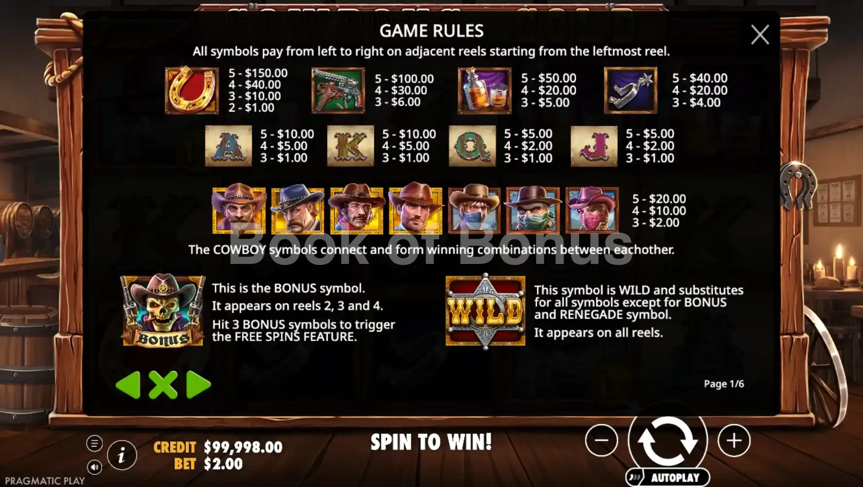 Cowboys Gold par Pragmatic Play - table des gains et valeurs des symboles
