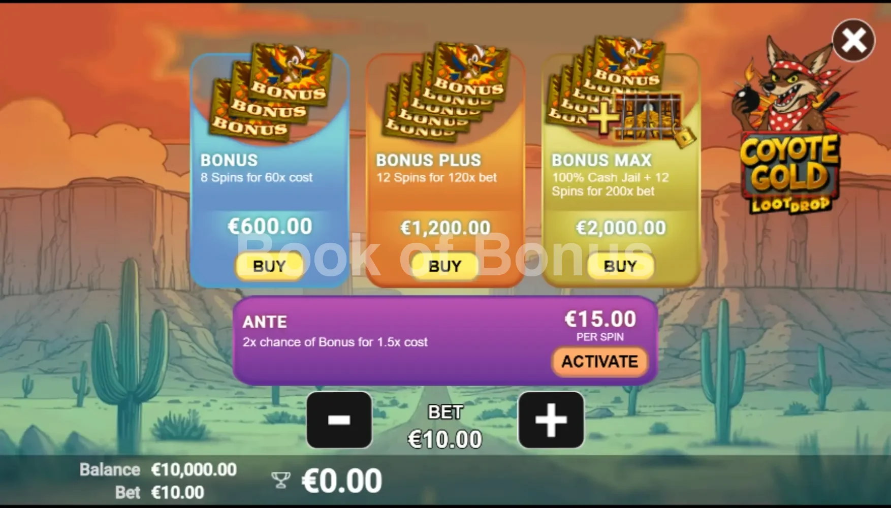Coyote Gold par Avatar UX - menu d'achat de bonus et options