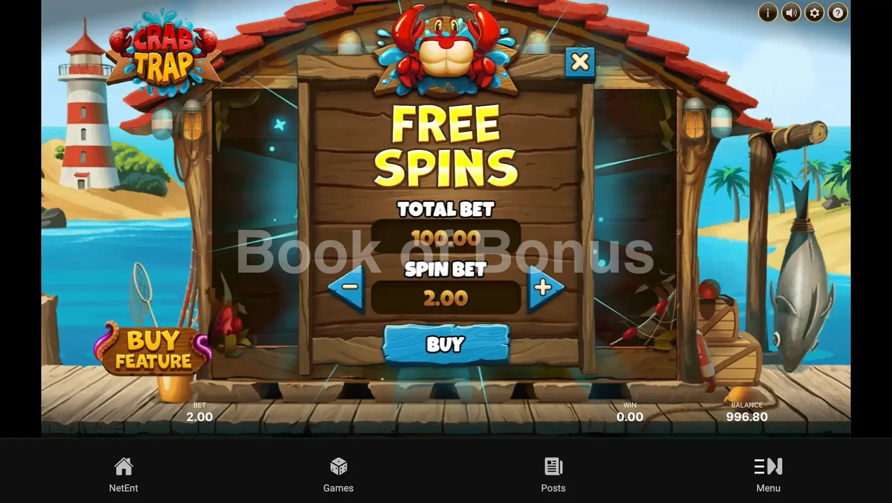 Crab Trap par NetEnt - menu d'achat de bonus et options