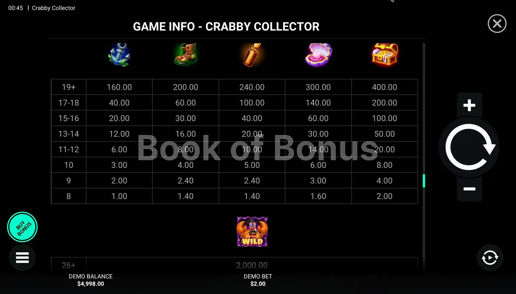 Table des gains Crabby Collector