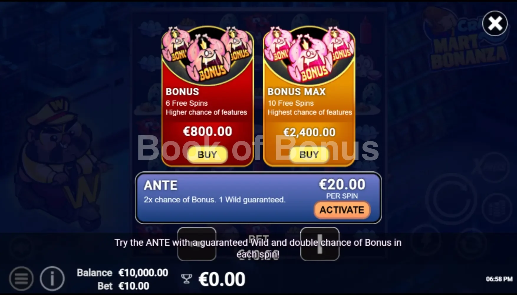 Crazy Mart Bonanza par Avatar UX - menu d'achat de bonus et options