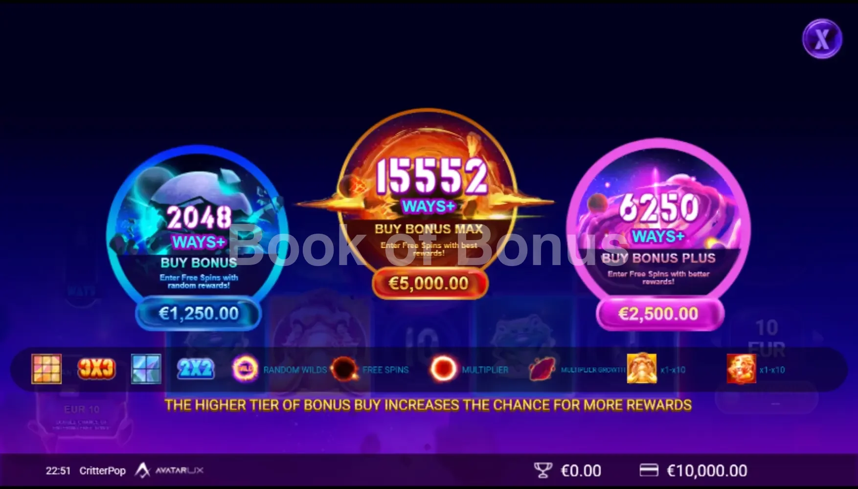 CritterPop par Avatar UX - menu d'achat de bonus et options