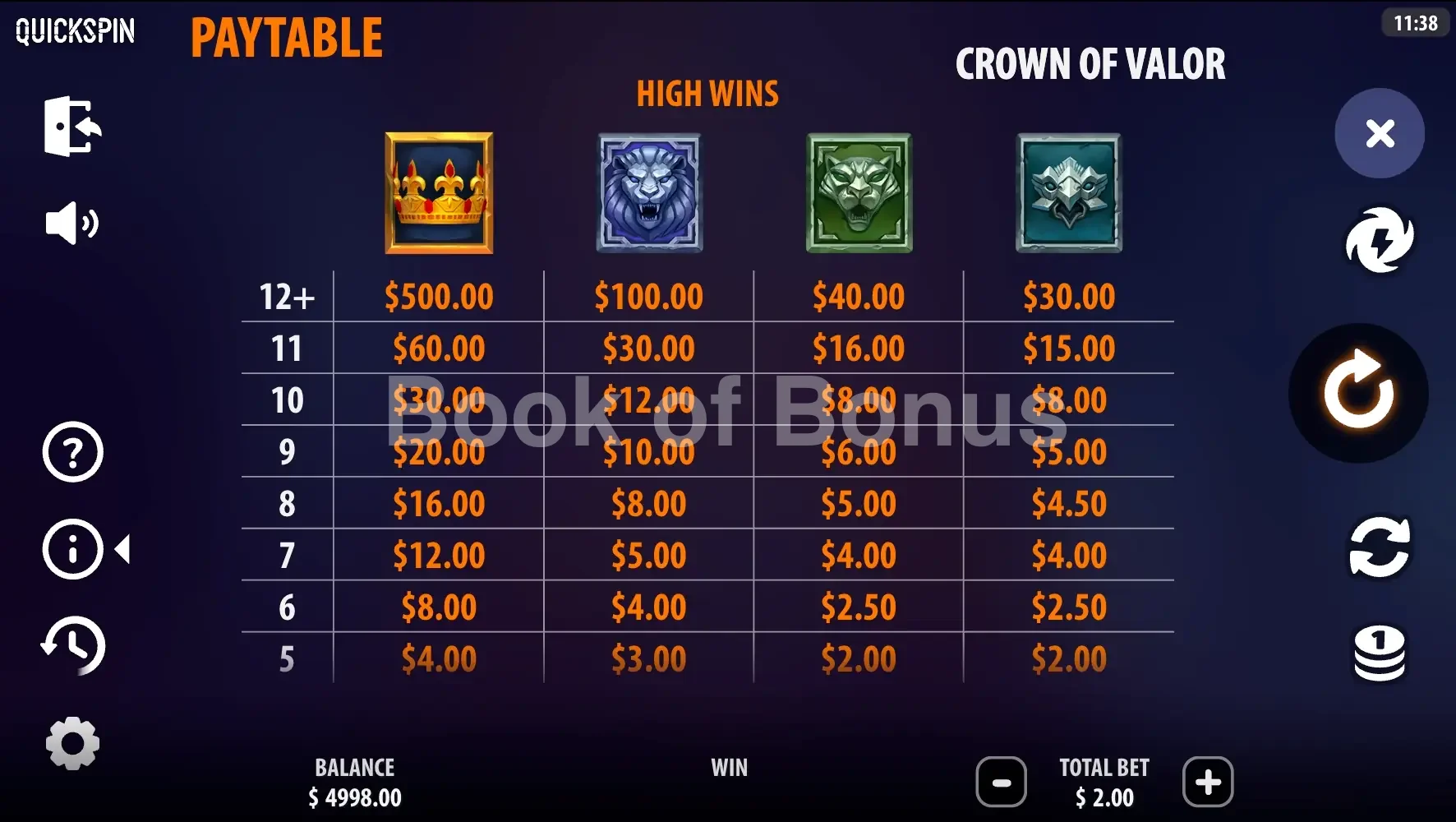 Crown of Valor par Quickspin - table des gains et valeurs des symboles