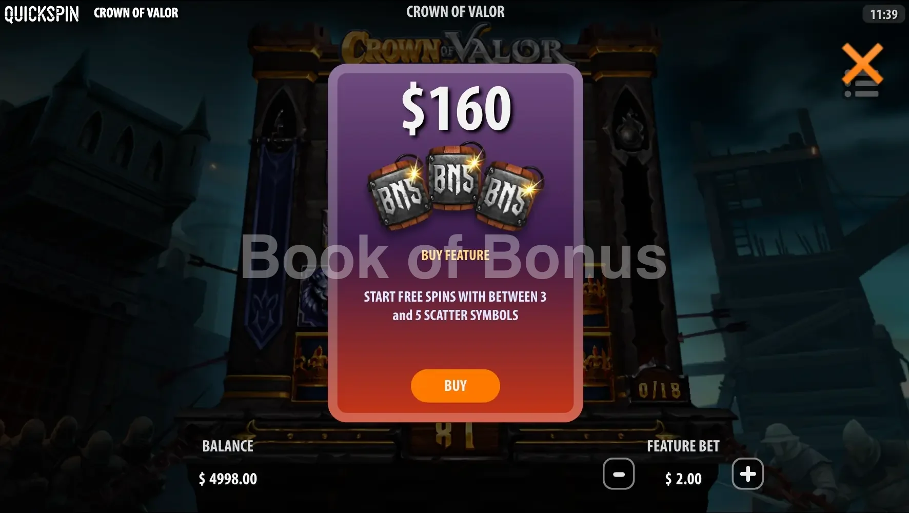 Crown of Valor par Quickspin - menu d'achat de bonus et options