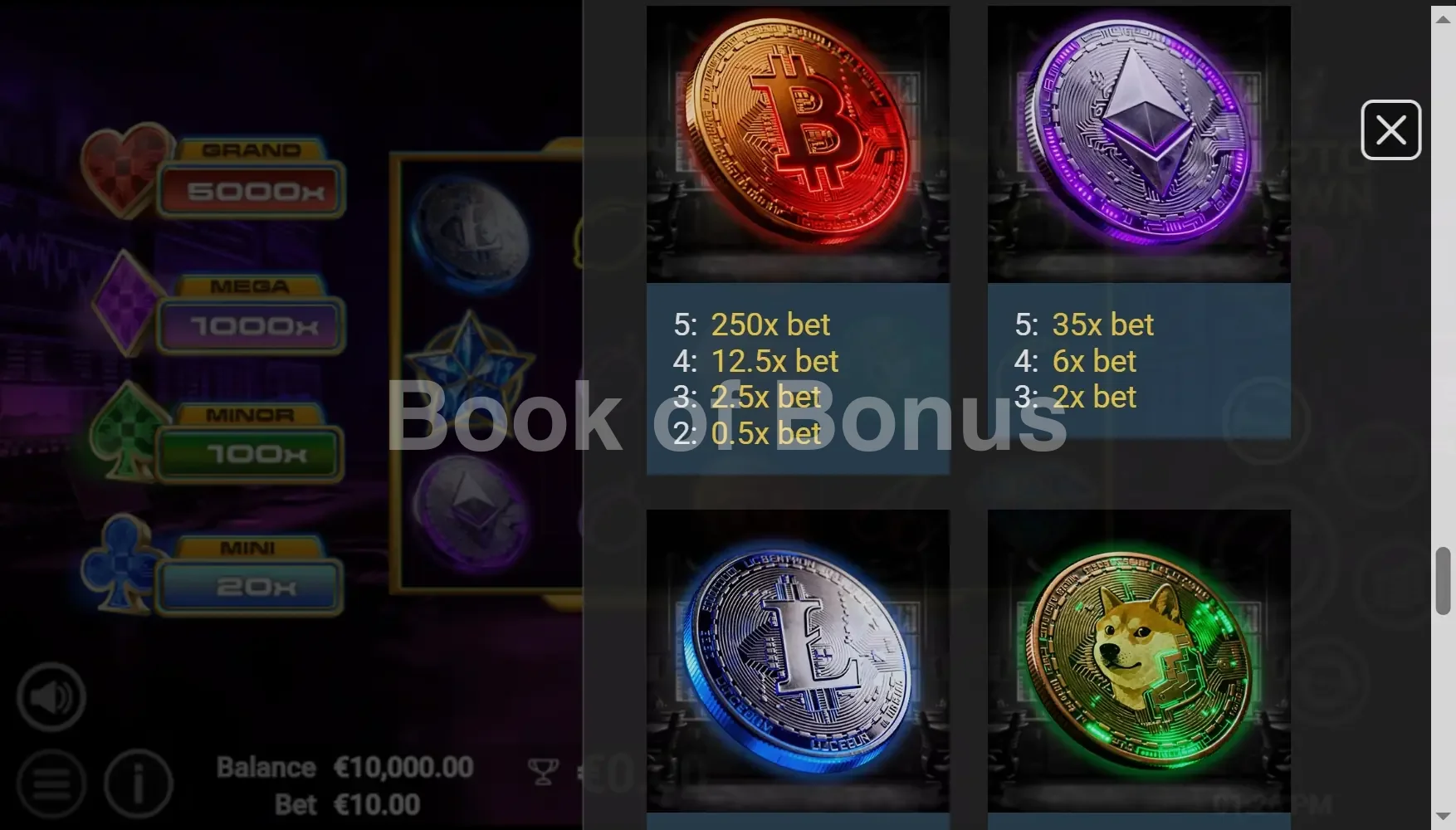 Crypto Crown 20 par Avatar UX - table des gains et valeurs des symboles