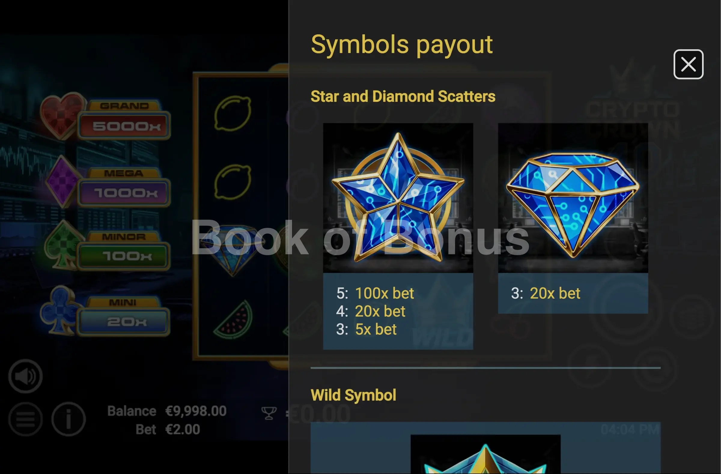 Crypto Crown 40 par Avatar UX - table des gains et valeurs des symboles
