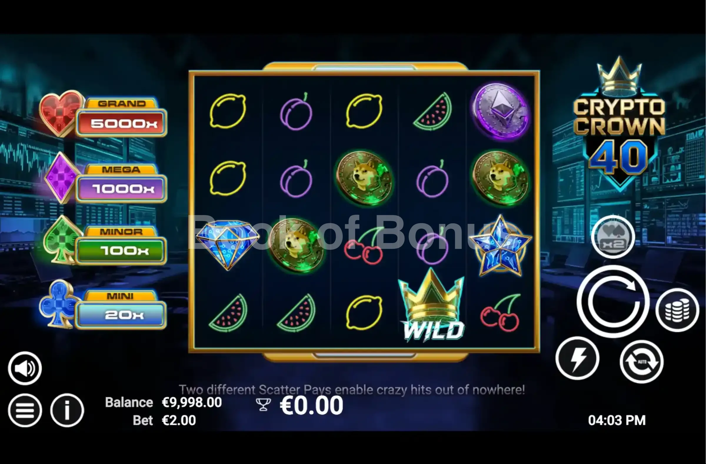 Crypto Crown 40 par Avatar UX - jeu de base et disposition des rouleaux