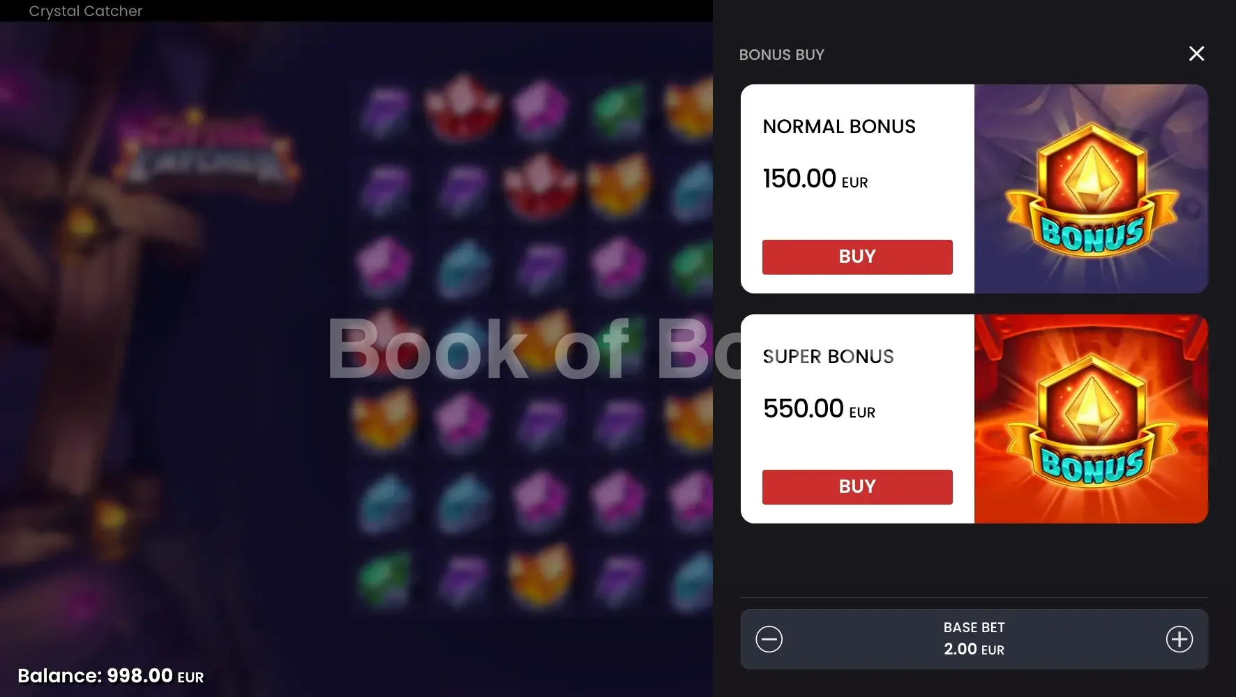 Crystal Catcher par Push Gaming - menu d'achat de bonus et options